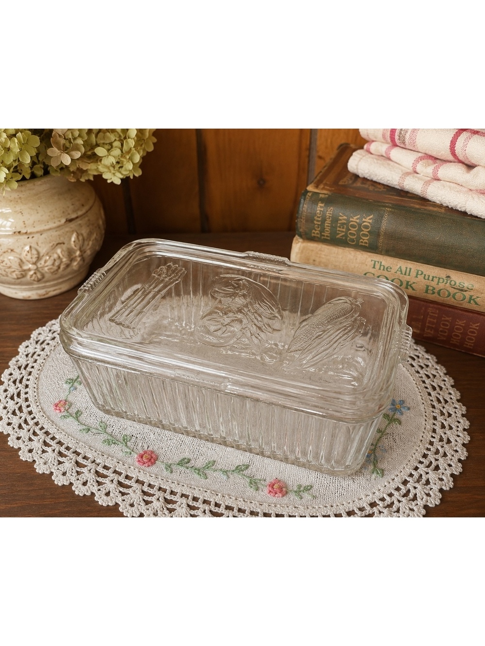 Vintage Federal Glass Refrigerator Dish Clear Ribbed Vegetable Lid 1940s Storage